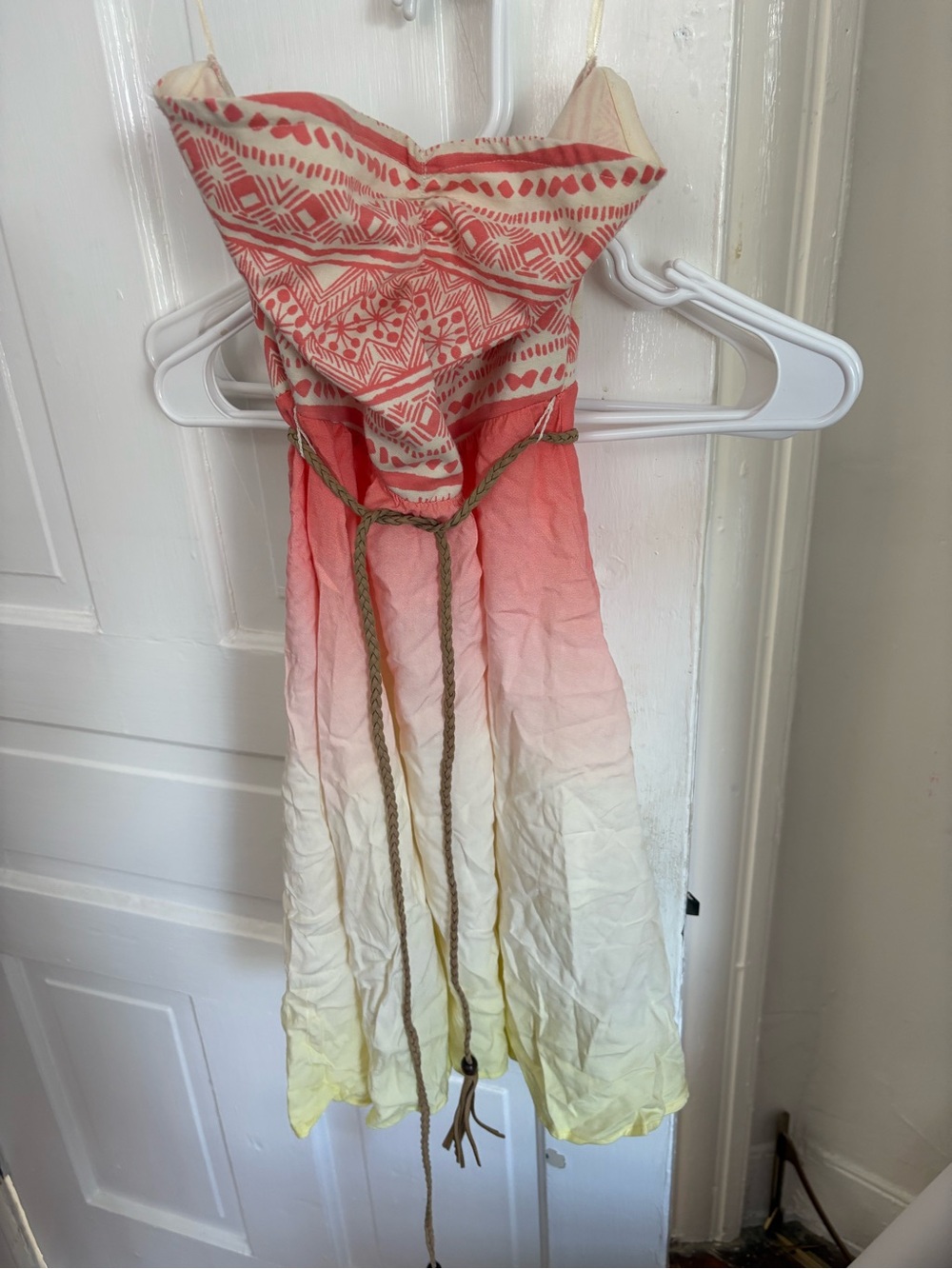 Roxy Pink Coral to Cream Ombre Summer Dress with Braided Rope Belt